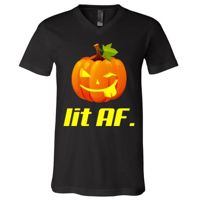 Lit AF Funny Halloween Jack O Lantern Pumpkin V-Neck T-Shirt