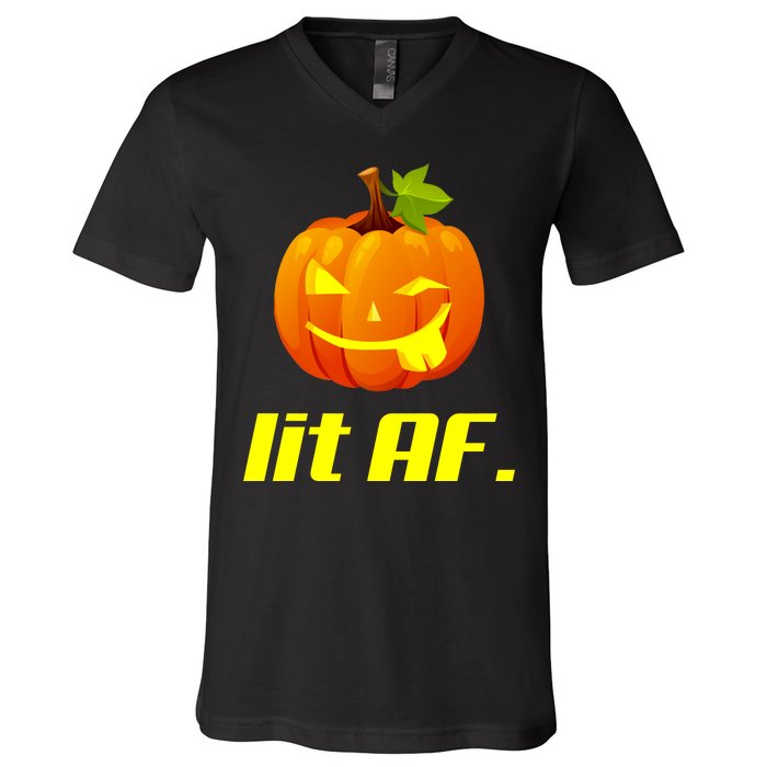 Lit AF Funny Halloween Jack O Lantern Pumpkin V-Neck T-Shirt