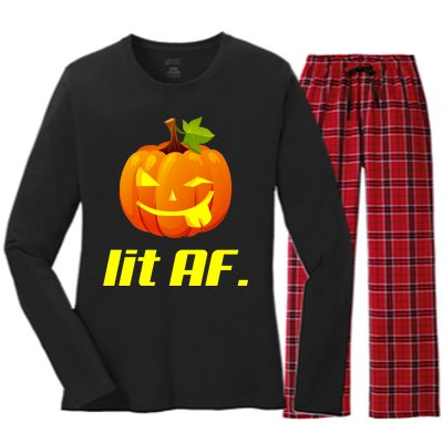 Lit AF Funny Halloween Jack O Lantern Pumpkin Women's Long Sleeve Flannel Pajama Set 