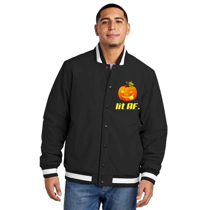 Lit AF Funny Halloween Jack O Lantern Pumpkin Insulated Varsity Jacket