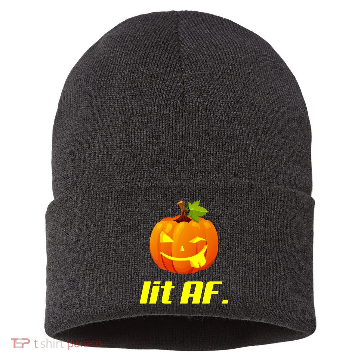 Lit AF Funny Halloween Jack O Lantern Pumpkin Sustainable Knit Beanie
