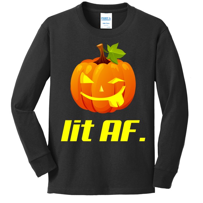 Lit AF Funny Halloween Jack O Lantern Pumpkin Kids Long Sleeve Shirt