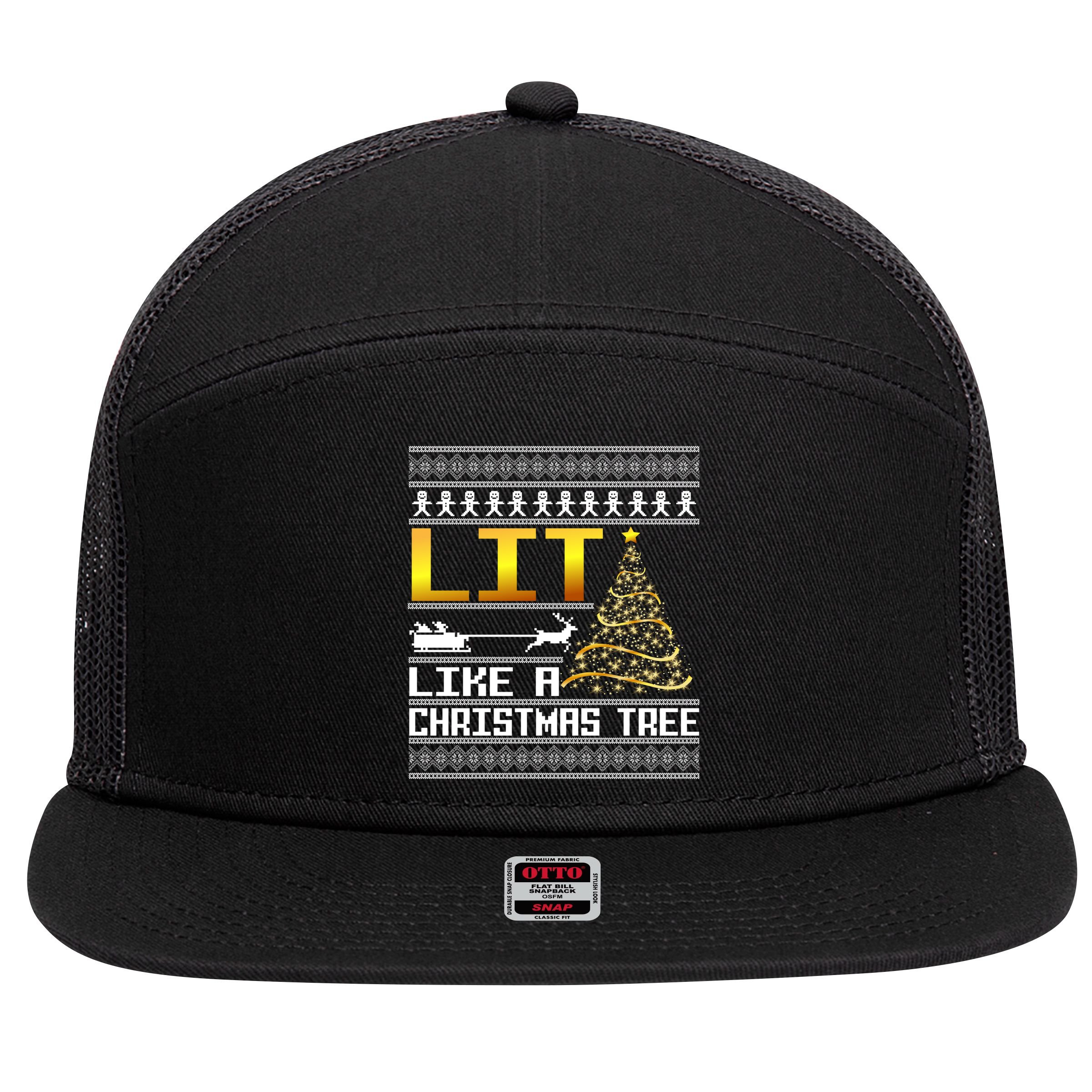 Lit Like a Christmas Tree Funny Ugly Christmas 7 Panel Mesh Trucker Snapback Hat