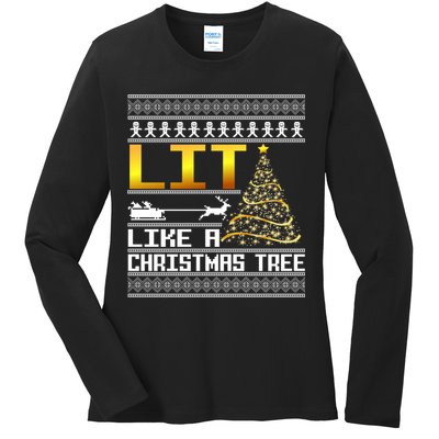 Lit Like a Christmas Tree Funny Ugly Christmas Ladies Long Sleeve Shirt