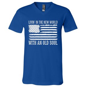 Living In The New World With An Old Soul America Flag V-Neck T-Shirt