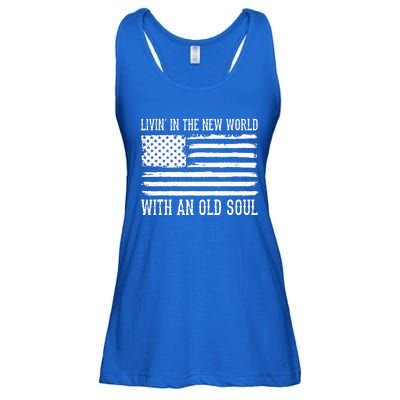 Living In The New World With An Old Soul America Flag Ladies Essential Flowy Tank