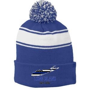 Long Island Thin Blue Line Flag Police Stripe Pom Pom Beanie