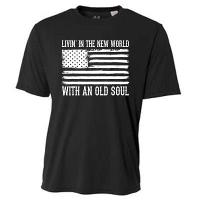 Living In The New World With An Old Soul America Flag Cooling Performance Crew T-Shirt