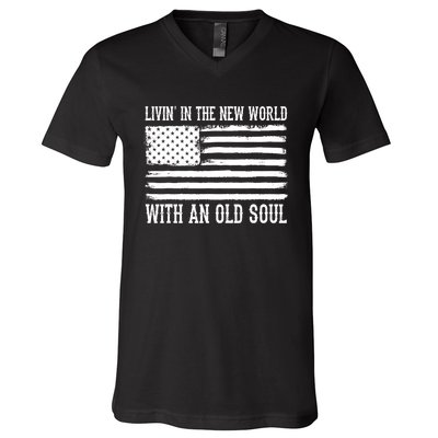 Living In The New World With An Old Soul America Flag V-Neck T-Shirt