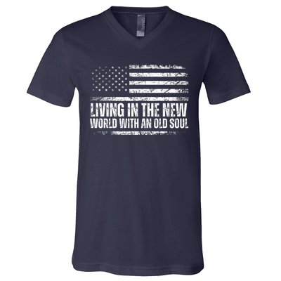 Living In The New World With An Old Soul America Flag V-Neck T-Shirt