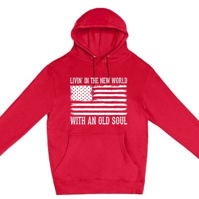 Living In The New World With An Old Soul America Flag Premium Pullover Hoodie