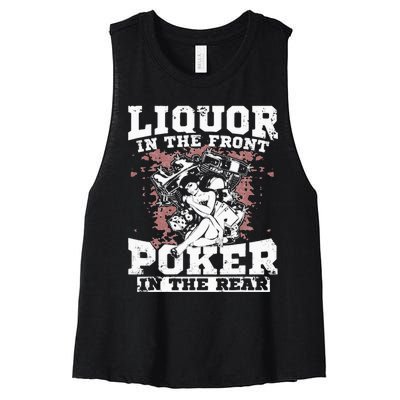 Liquor In The Front Poker In The Rear Awesome Racing Women's Racerback Cropped Tank