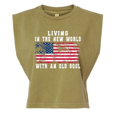 Living In The New World With An Old Soul America Flag Garment-Dyed Women's Muscle Tee