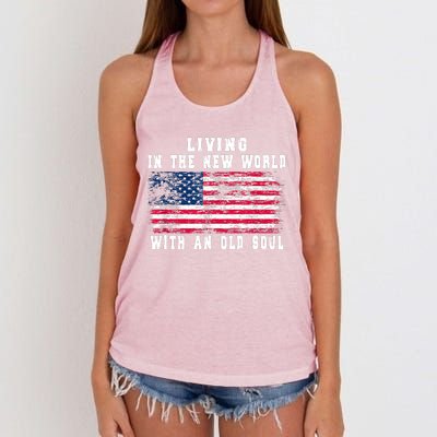 Living In The New World With An Old Soul America Flag Women's Knotted Racerback Tank