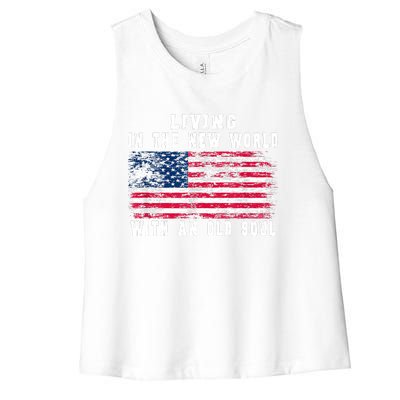 Living In The New World With An Old Soul America Flag Women's Racerback Cropped Tank