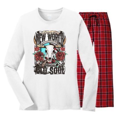 Living In The New World With An Old Soul Cow Skull Western Women's Long Sleeve Flannel Pajama Set 