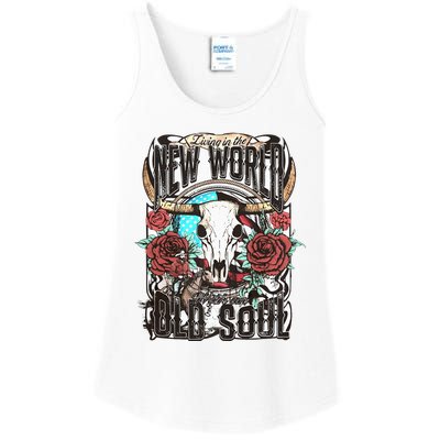 Living In The New World With An Old Soul Cow Skull Western Ladies Essential Tank