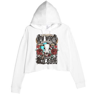 Living In The New World With An Old Soul Cow Skull Western Crop Fleece Hoodie