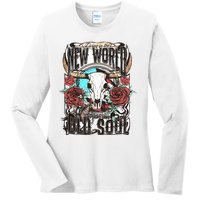 Living In The New World With An Old Soul Cow Skull Western Ladies Long Sleeve Shirt