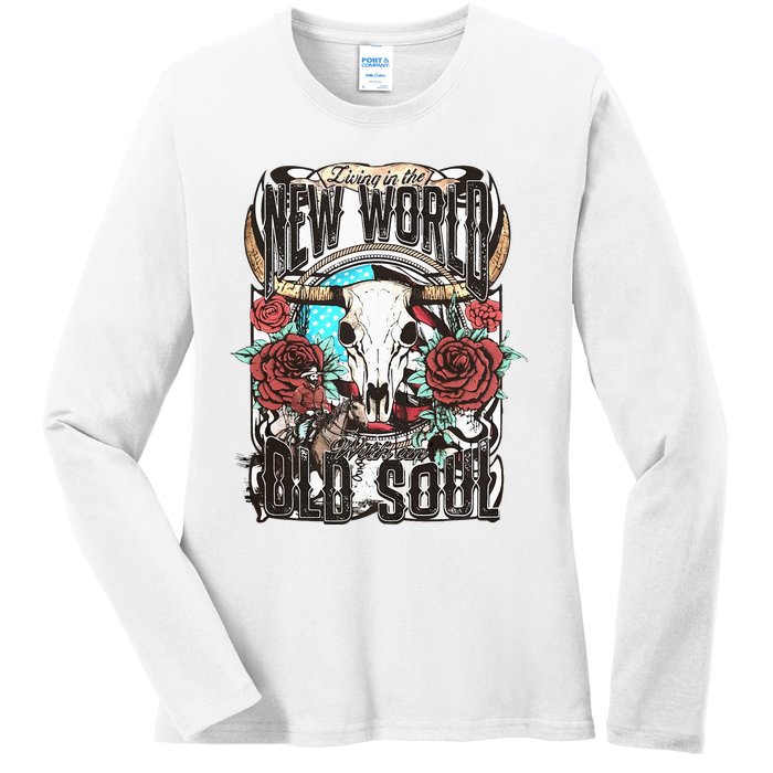 Living In The New World With An Old Soul Cow Skull Western Ladies Long Sleeve Shirt