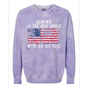 Living In The New World With An Old Soul America Flag Colorblast Crewneck Sweatshirt