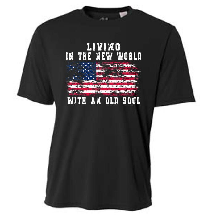 Living In The New World With An Old Soul America Flag Cooling Performance Crew T-Shirt