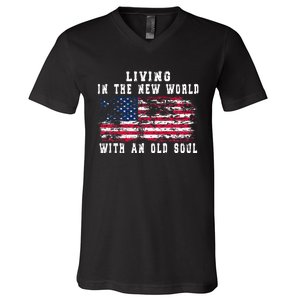 Living In The New World With An Old Soul America Flag V-Neck T-Shirt