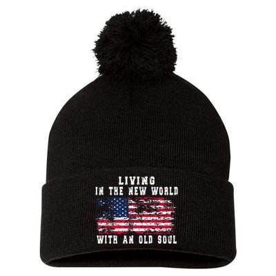 Living In The New World With An Old Soul America Flag Pom Pom 12in Knit Beanie