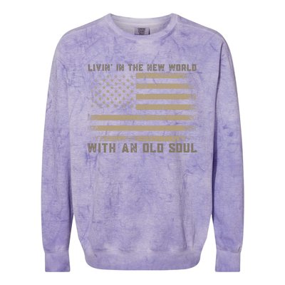 Living In The New World With An Old Soul America Flag Colorblast Crewneck Sweatshirt