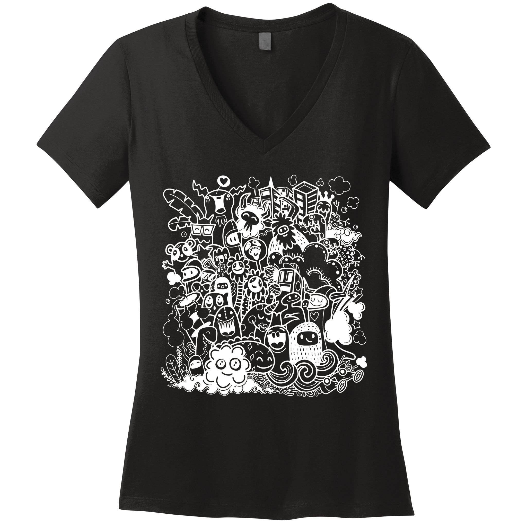 Little Cartoon Monster Mash Up Women's V-Neck T-Shirt