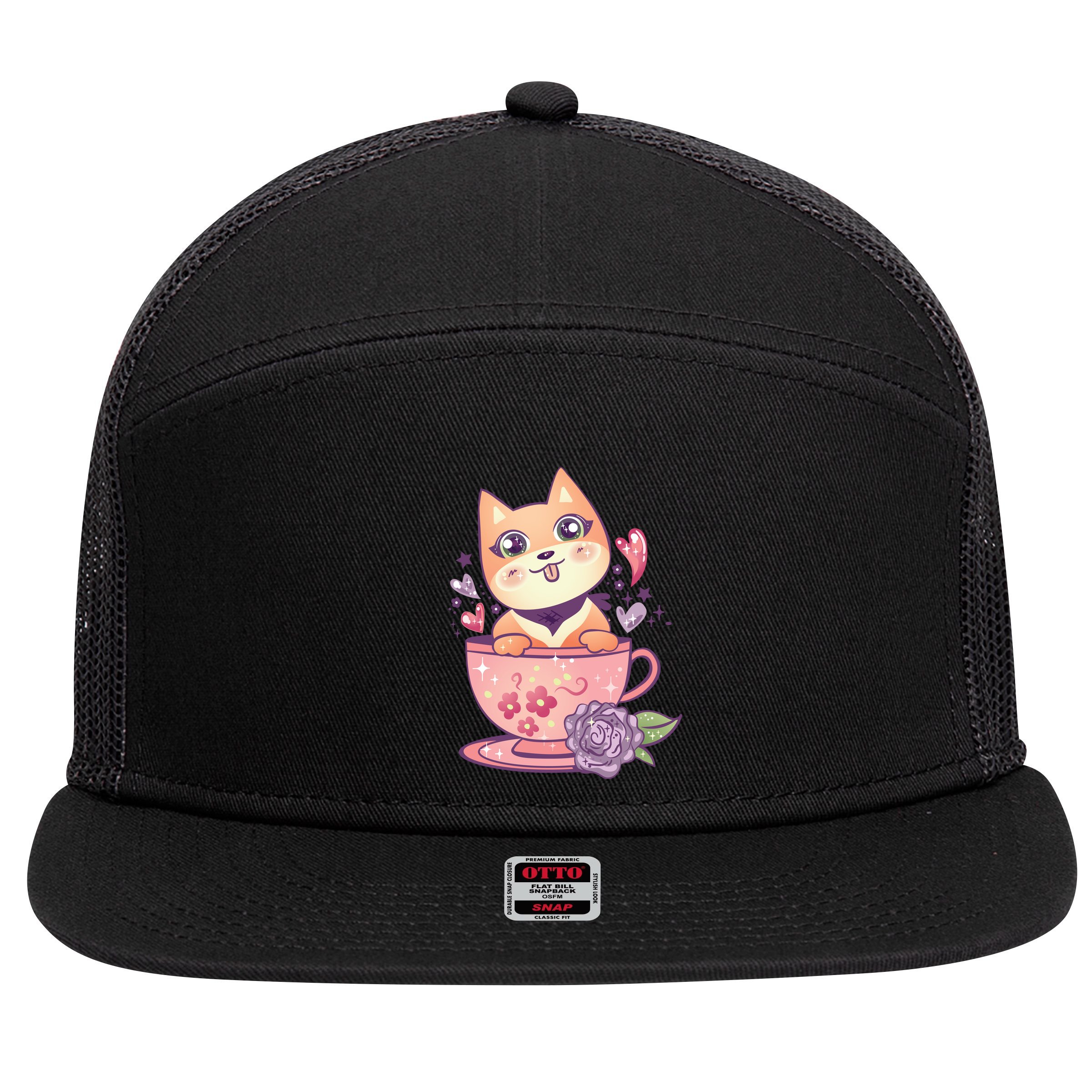 Little Teacup Dog Anime 7 Panel Mesh Trucker Snapback Hat