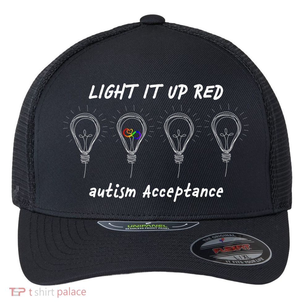 Light It Up Red Autism Acceptance Flexfit Unipanel Trucker Cap