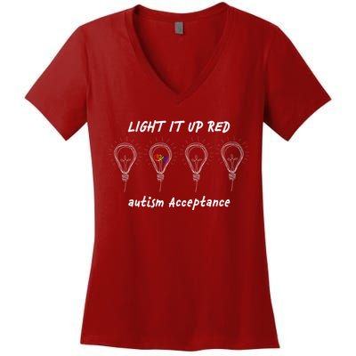 Light It Up Red Autism Acceptance Women's V-Neck T-Shirt