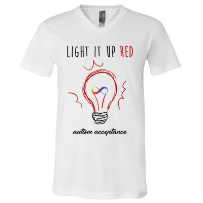 Light It Up Red Autism Acceptance Awareness V-Neck T-Shirt