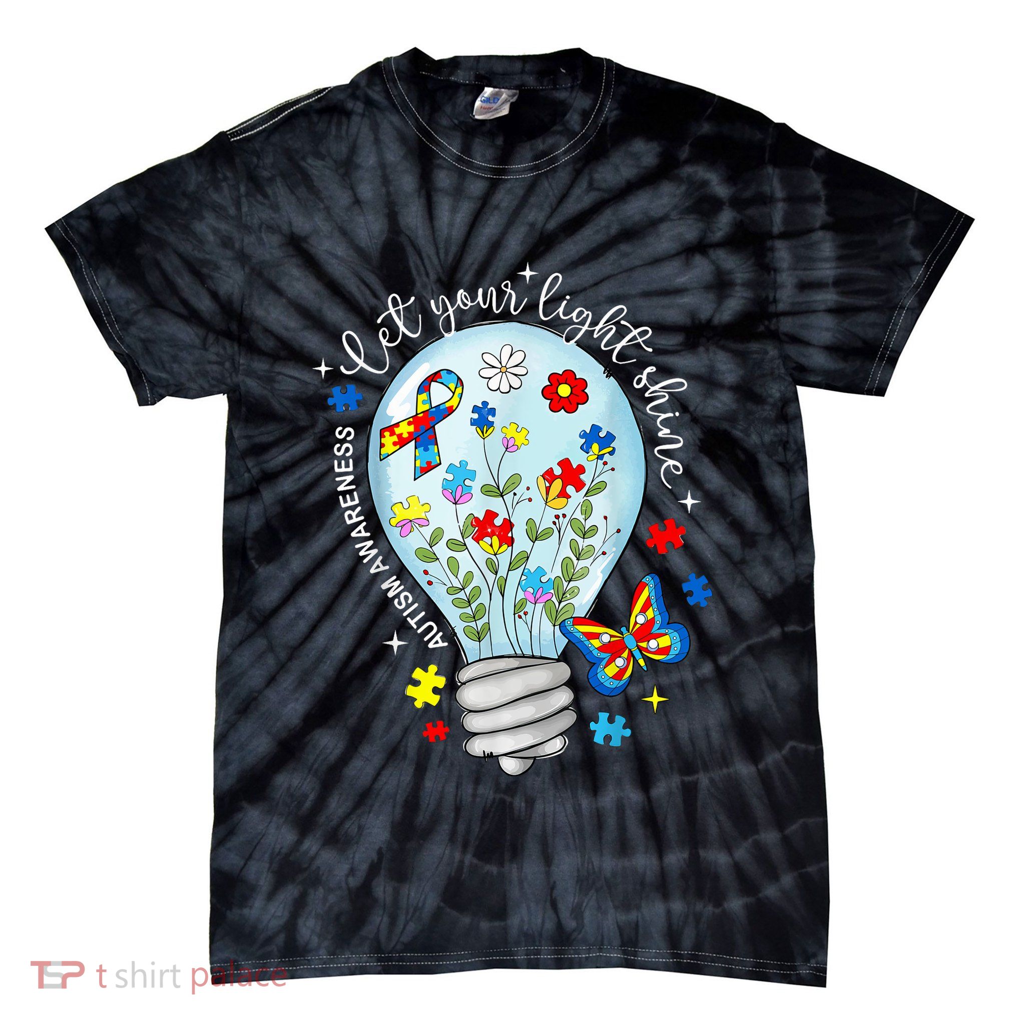 Light It Up Blue Autism Awareness Ribbon Puzzle Pieces Tie-Dye T-Shirt