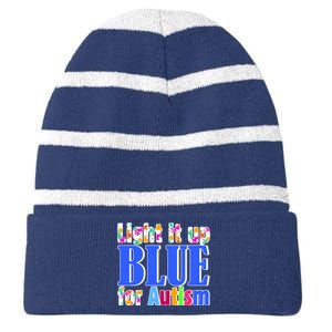 Light It Up Blue For Autism Awareness Month Striped Beanie with Solid Band