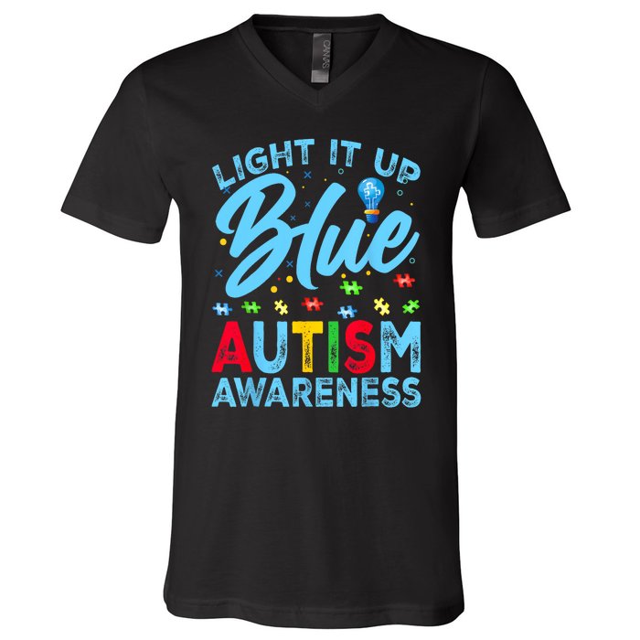 Light It Up Blue Autism Awareness V-Neck T-Shirt