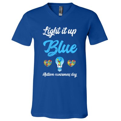 Light It Up Blue Autism Awareness Day Down Syndrome Gift V-Neck T-Shirt