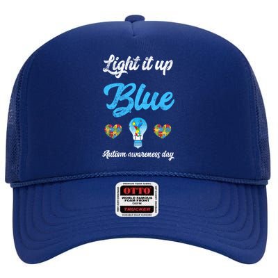 Light It Up Blue Autism Awareness Day Down Syndrome Gift High Crown Mesh Back Trucker Hat