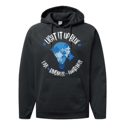 Light It Up Blue Love Kindness Awareness Puzzle Autism Awareness Month Performance Fleece Hoodie