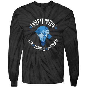 Light It Up Blue Love Kindness Awareness Puzzle Autism Awareness Month Tie-Dye Long Sleeve Shirt