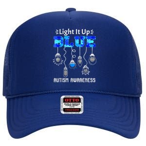 Light It Up Blue Autism Awareness Autistic Puzzle Piece High Crown Mesh Back Trucker Hat