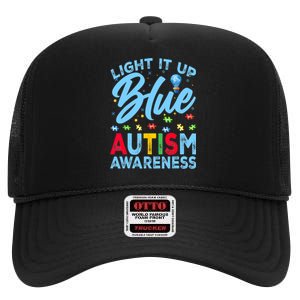 Light It Up Blue Autism Awareness High Crown Mesh Back Trucker Hat