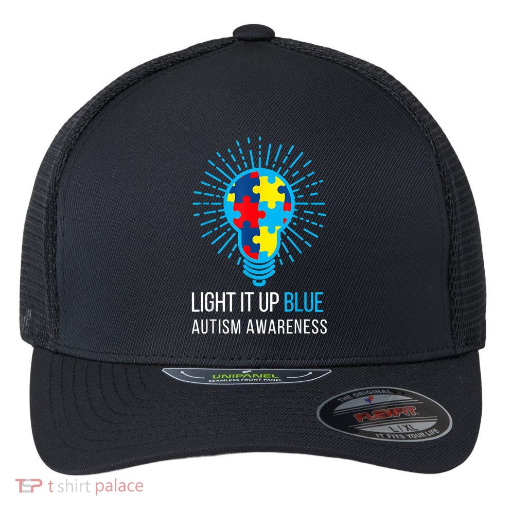 Light It Up Blue Autism Awareness Ribbon Puzzle Pieces Flexfit Unipanel Trucker Cap
