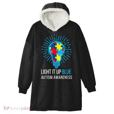 Light It Up Blue Autism Awareness Ribbon Puzzle Pieces Hooded Wearable Blanket