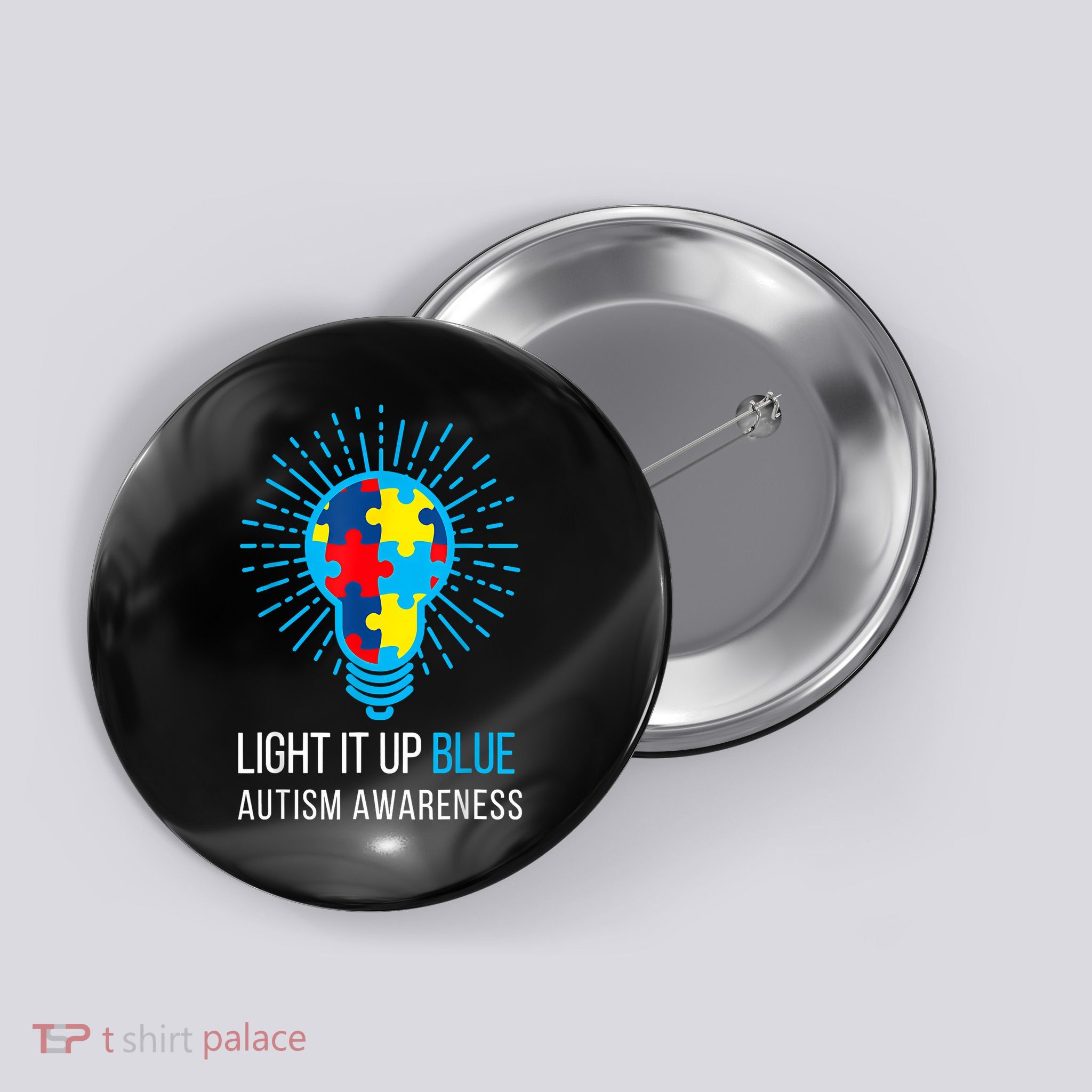 Light It Up Blue Autism Awareness Ribbon Puzzle Pieces Button