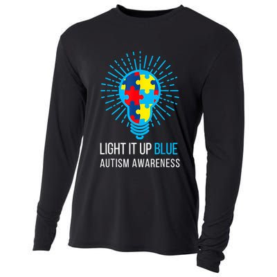 Light It Up Blue Autism Awareness Ribbon Puzzle Pieces Cooling Performance Long Sleeve Crew