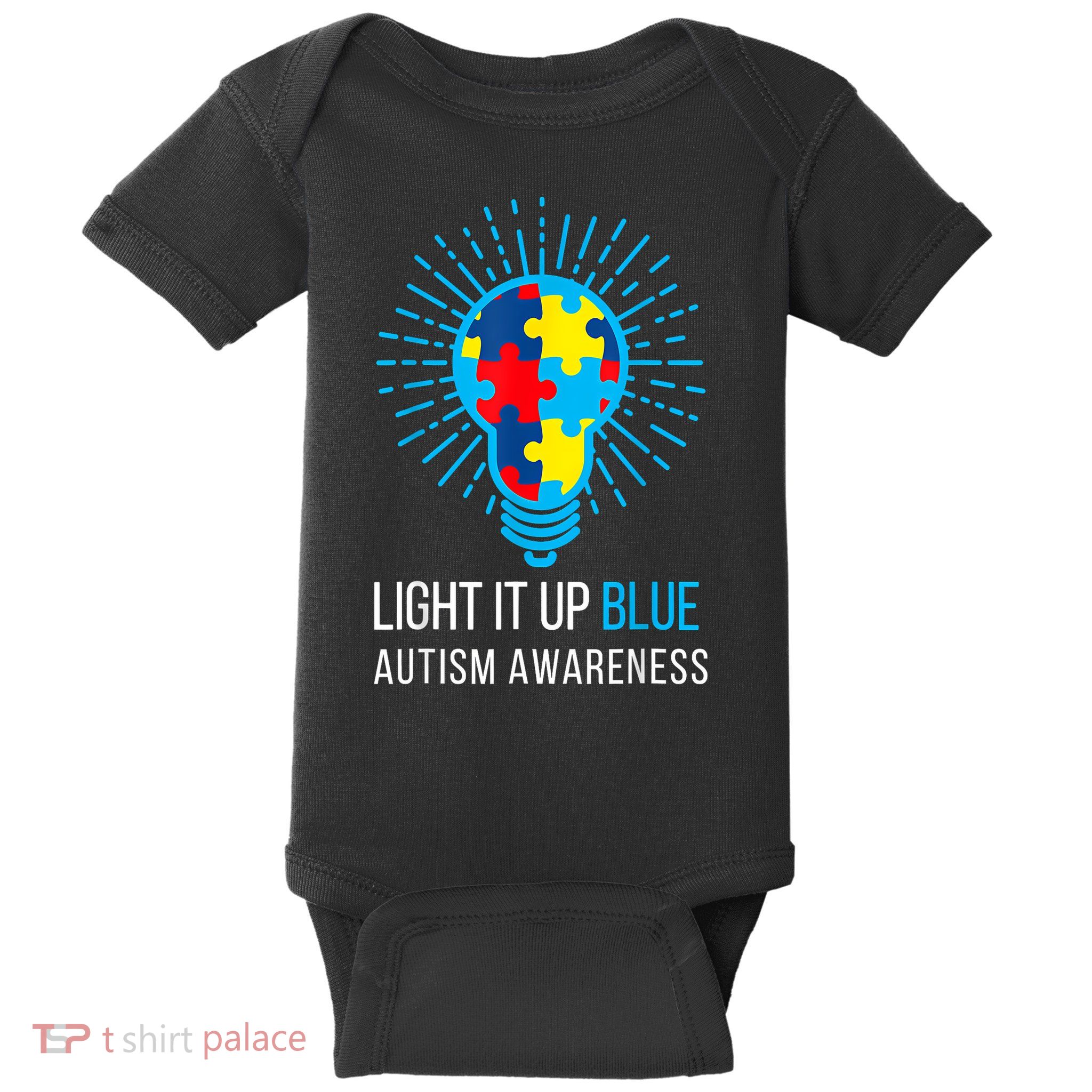 Light It Up Blue Autism Awareness Ribbon Puzzle Pieces Baby Bodysuit