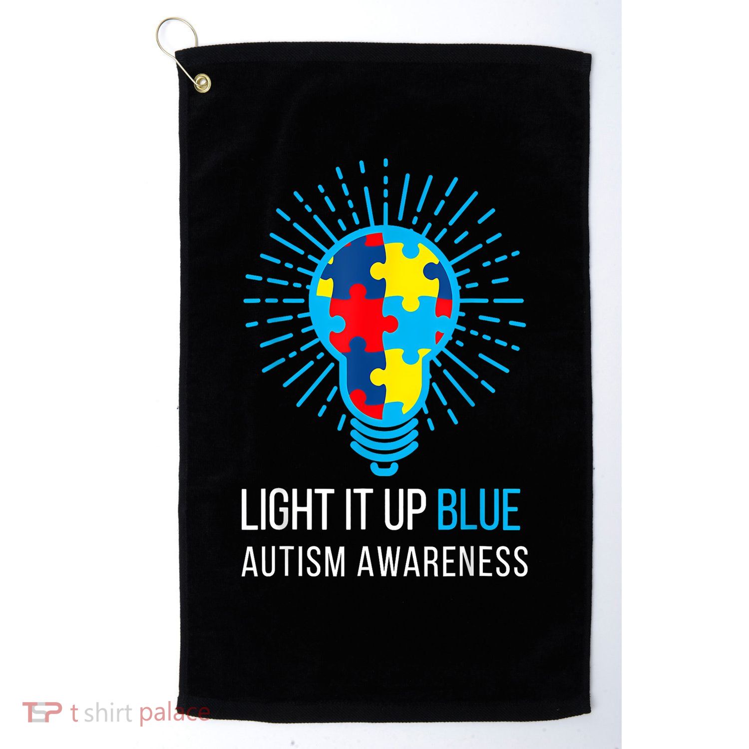 Light It Up Blue Autism Awareness Ribbon Puzzle Pieces Golf Towel