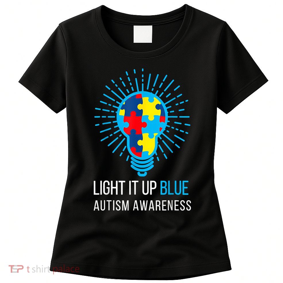 Light It Up Blue Autism Awareness Ribbon Puzzle Pieces Womens T-Shirt